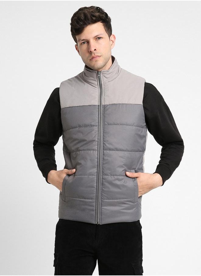 Dennis Lingo - Light Grey Regular Fit Men's Colourblocked Stand Collar Sleeveless Polyester Jacket with Zipper Closure - Image 1