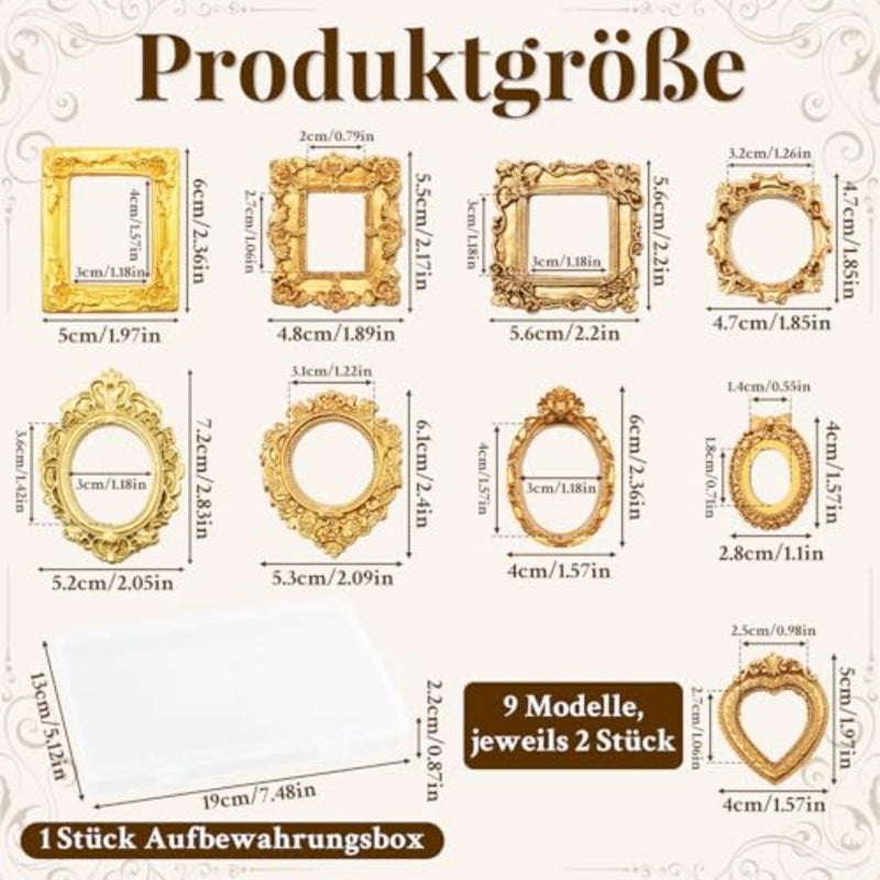 Pack of 18 Mini Photo Frames, Gold Vintage Resin Photo Frames, Golden Small Photo Frame for Pictures, Embossed Photo Props, Wall Decoration, DIY Phone Case - Image 2