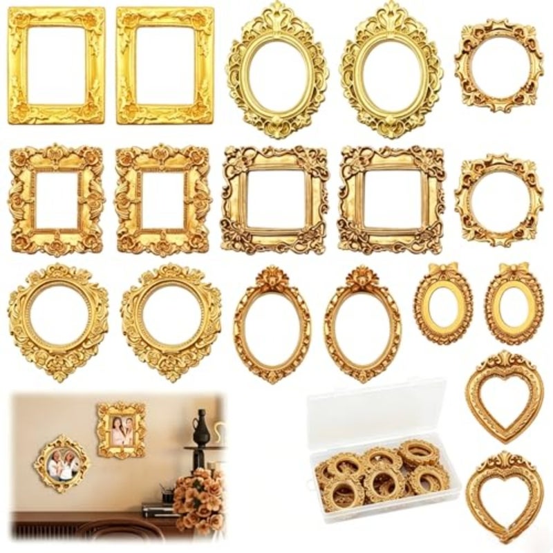 Pack of 18 Mini Photo Frames, Gold Vintage Resin Photo Frames, Golden Small Photo Frame for Pictures, Embossed Photo Props, Wall Decoration, DIY Phone Case - Image 1