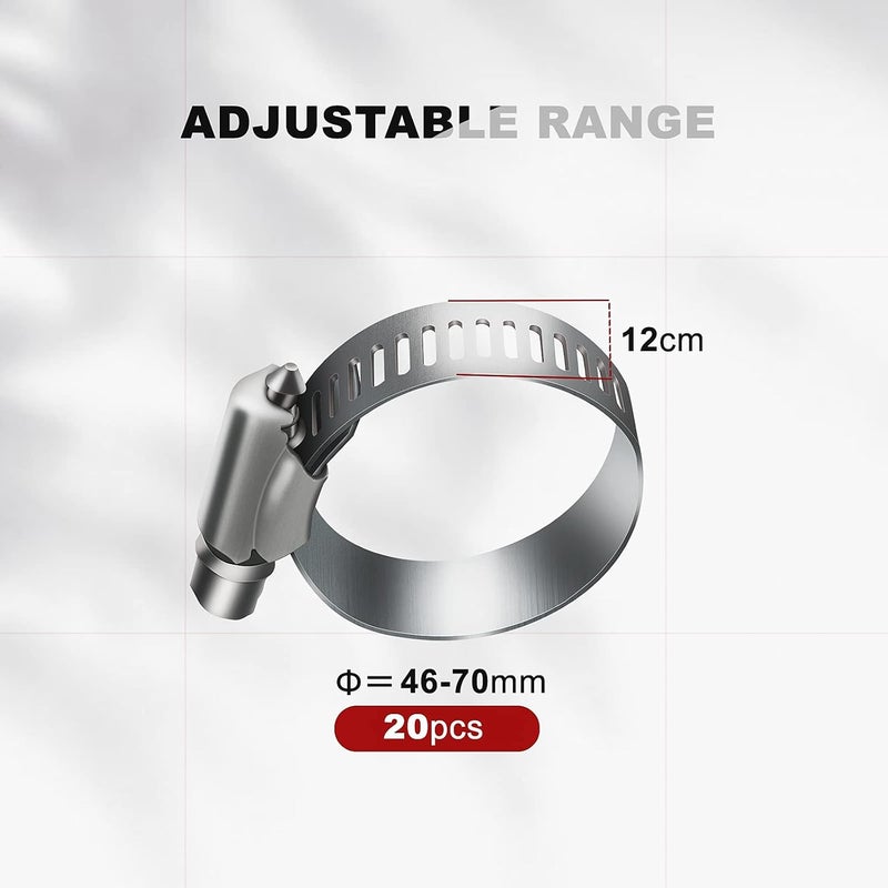 Juasky 20pcs Adjustable Worm Gear Hose Clamp Stainless Steel Pipe Clamps, 1-4/5"-2-3/4" (46-70mm) Tube Clamp Tool for Water Pipe, Plumbing, Fuel Line,Intercooler - Image 2