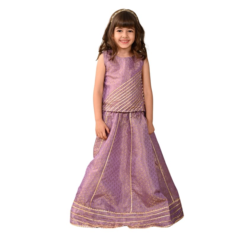 superminis Girl's Chanderi Sleeveless Golden Gota/Lace Work Ethinic Printed Readymade Lehenga And Choli Set, (3-4 Years, Purple) - Image 1