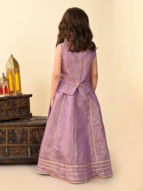 superminis Girl's Chanderi Sleeveless Golden Gota/Lace Work Ethinic Printed Readymade Lehenga And Choli Set, (3-4 Years, Purple) - Image 2