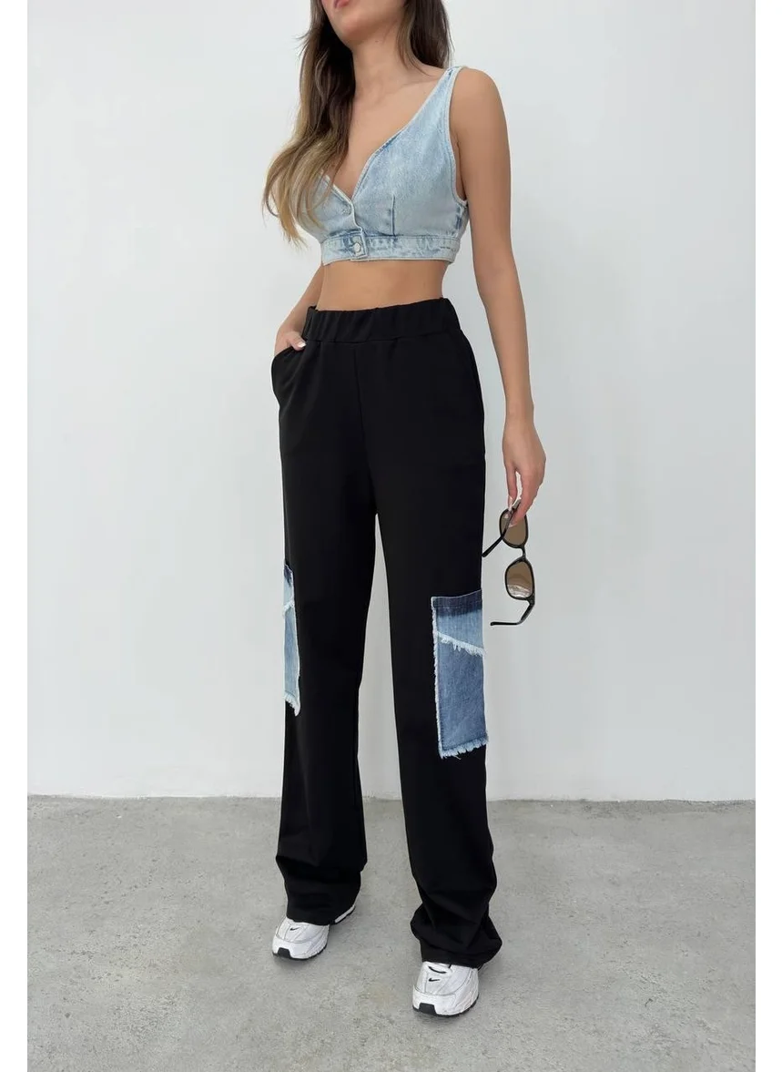 Ded Collection Women's Elastic Waist High Waist Stylish Sweatpants with Side Denim Pocket Detail