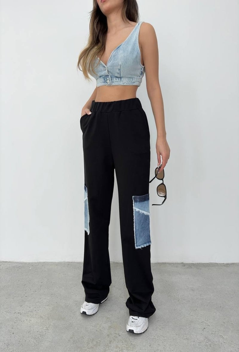 Ded Collection Women's Elastic Waist High Waist Stylish Sweatpants with Side Denim Pocket Detail  - Image 1