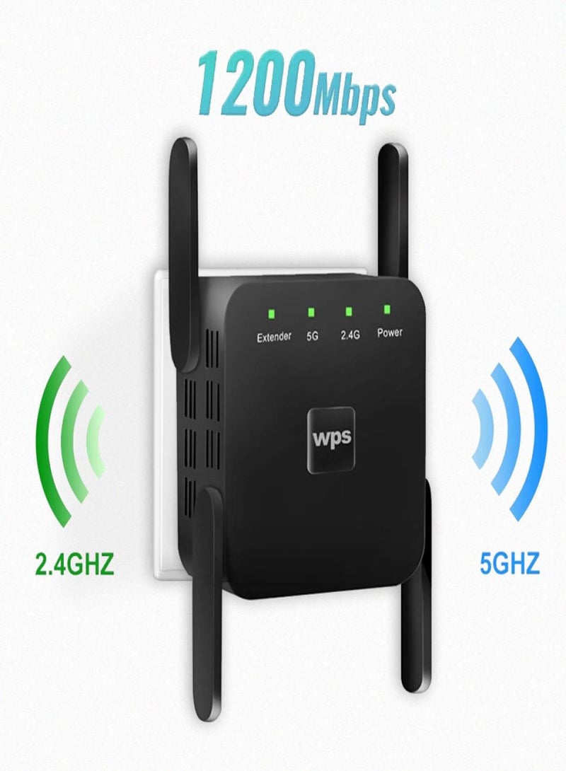 فوميمو موسع نطاق واي فاي ثنائي النطاق بسرعة 1200 ميجابت في الثانية، 5 جيجاهرتز/2.4 جيجاهرتز للمنزل مع 4 هوائيات، تغطية 7000 قدم مربع، إعداد بزر واحد (أسود) - Image 4