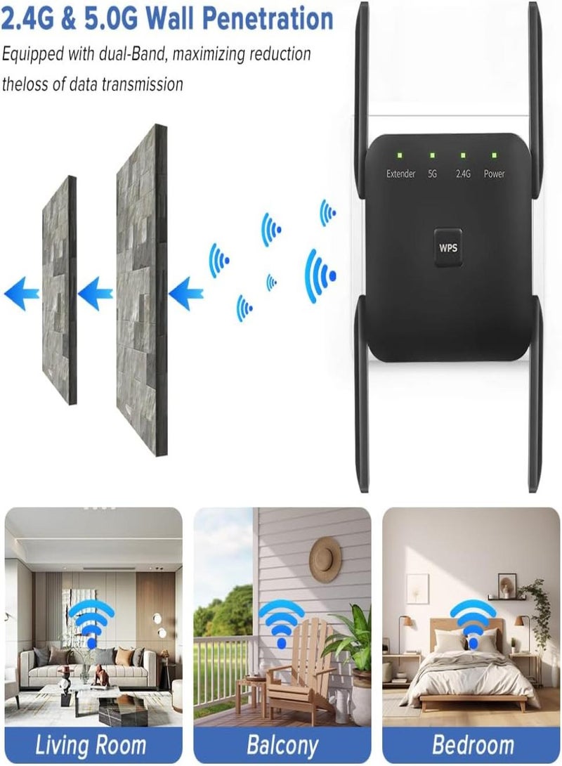 فوميمو موسع نطاق واي فاي ثنائي النطاق بسرعة 1200 ميجابت في الثانية، 5 جيجاهرتز/2.4 جيجاهرتز للمنزل مع 4 هوائيات، تغطية 7000 قدم مربع، إعداد بزر واحد (أسود) - Image 5