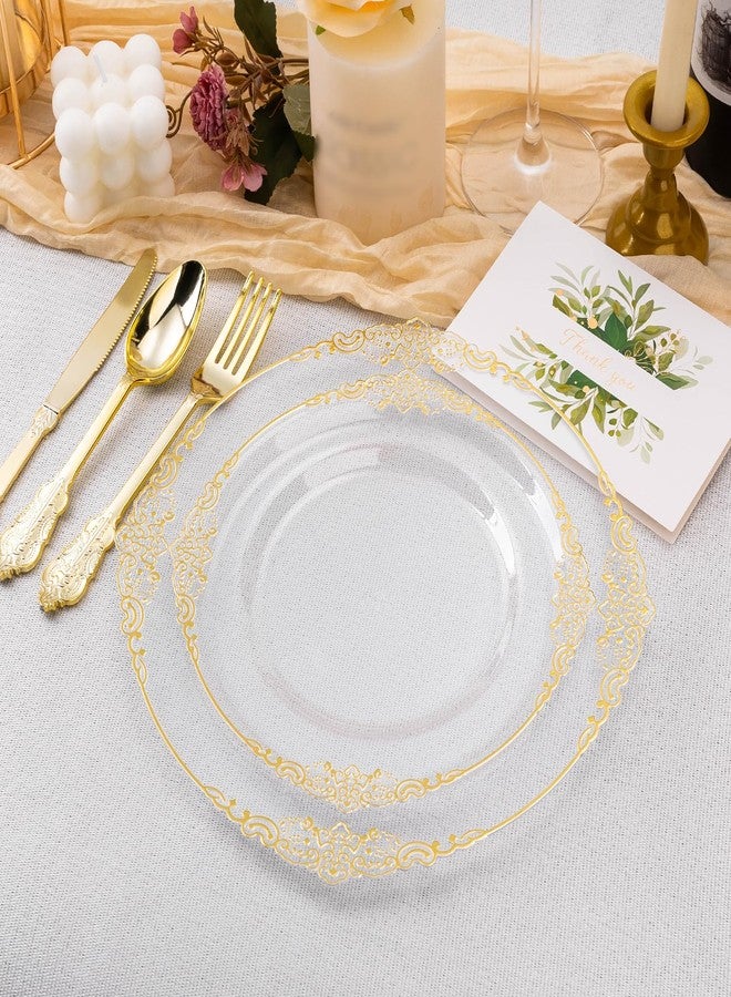 Bestluck 100 PCS Clear and Gold Plastic Plates for 50 Guests, Clear Disposable Plates Include 50 PCS Dinner Plates, 50 PCS Dessert Plates for Party and Wedding - Image 4