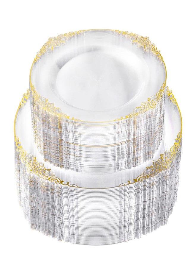 Bestluck 100 PCS Clear and Gold Plastic Plates for 50 Guests, Clear Disposable Plates Include 50 PCS Dinner Plates, 50 PCS Dessert Plates for Party and Wedding - Image 1