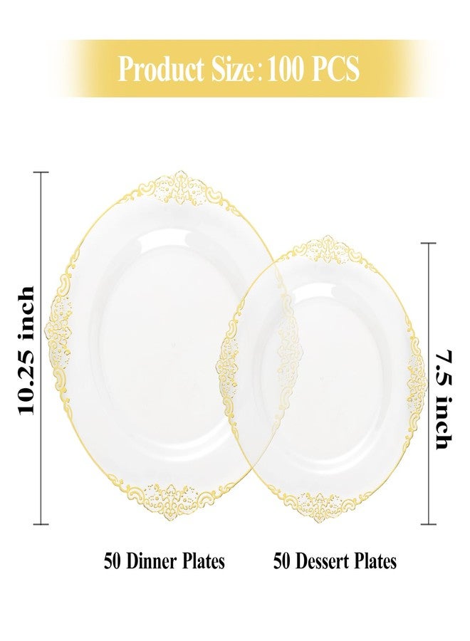 Bestluck 100 PCS Clear and Gold Plastic Plates for 50 Guests, Clear Disposable Plates Include 50 PCS Dinner Plates, 50 PCS Dessert Plates for Party and Wedding - Image 2