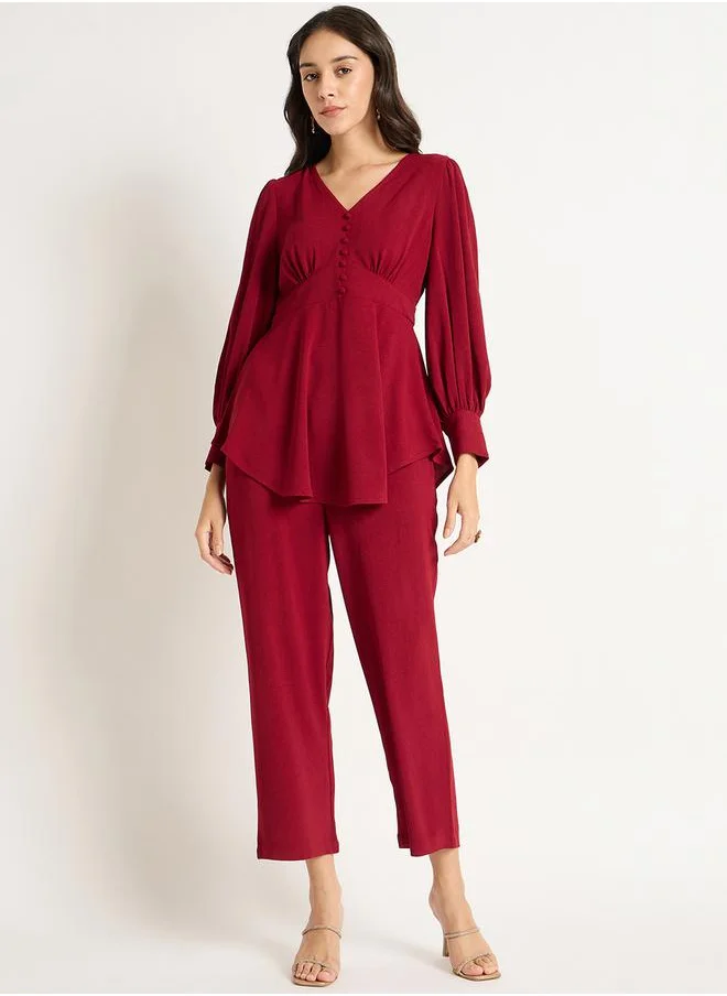 فيميلا Bishop Sleeve V-Neck Top with Straight Pants Co-Ords