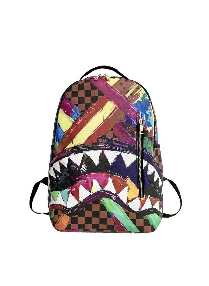 SKT Shiketro Student Lightweight Waterproof Schoolbag Colorful Shark Print Large Capacity Backpack Personality Cartoon Simple Backpack 30*43*14CM