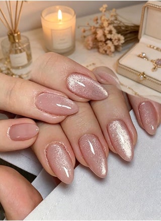 24Pcs Cat Eye Press On Nails, Short Almond Fake Nails, Beige Nude Glossy Flase Nail, Reusable Acrylic Nail Tips for Nail Art - view 4