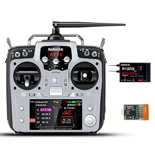 Radiolink AT10II 12 Channels 24G RC Transmitter and Receiver R12DS  PRM01 Voltage Telemetry Radio Controller for RC Airplane FPV Racing Drone Quad Helicopter Car and Boat Grey Mode 2 Left Hand - Image 1