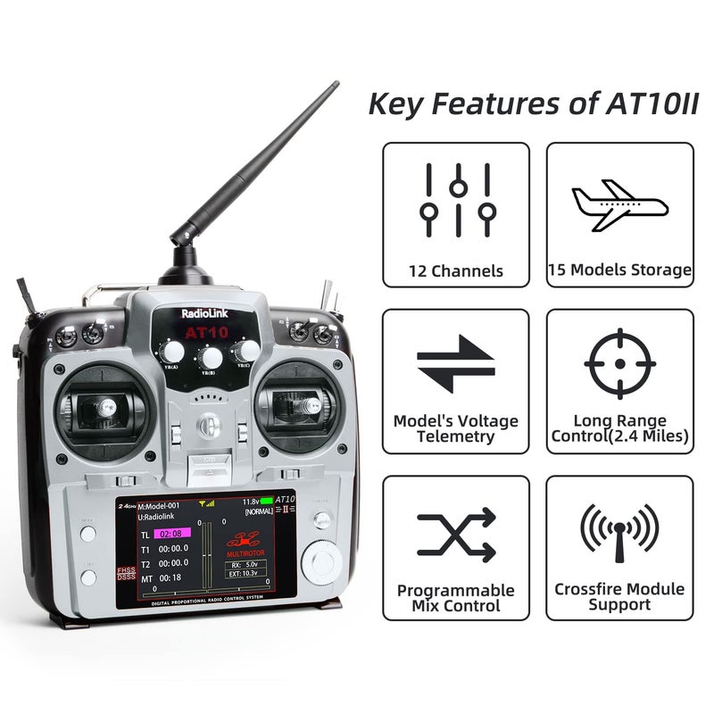 Radiolink AT10II 12 Channels 24G RC Transmitter and Receiver R12DS  PRM01 Voltage Telemetry Radio Controller for RC Airplane FPV Racing Drone Quad Helicopter Car and Boat Grey Mode 2 Left Hand - Image 3
