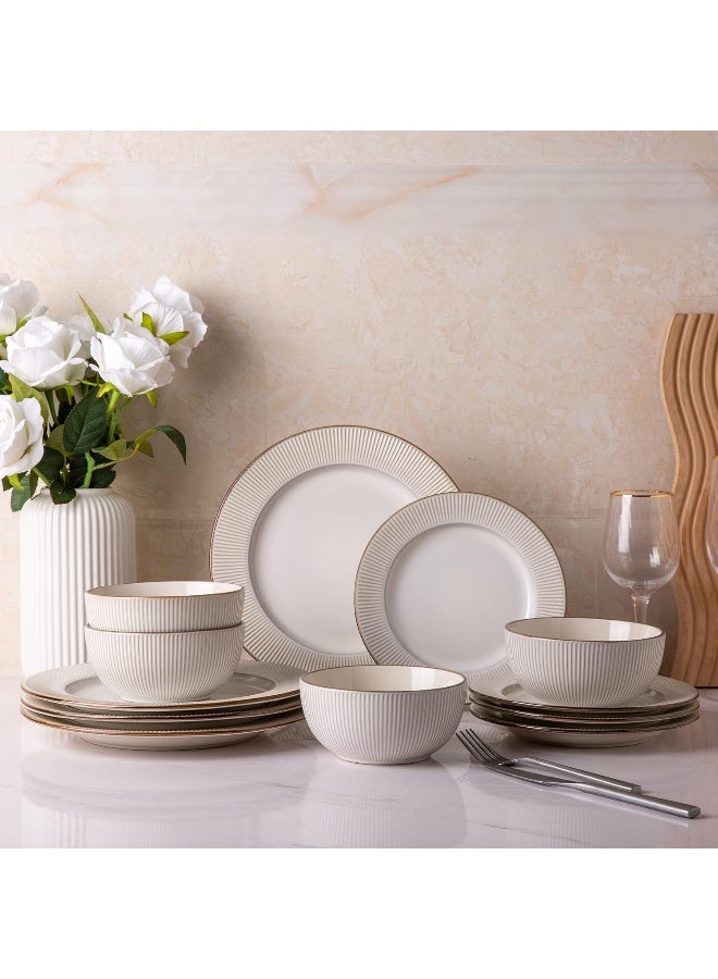 GBHOME Ceramic Dinnerware Sets 12 pcs Embossed Elegant Stoneware Plates and Bowls Sets Housewarming Wedding Gift Dishwasher Microwave Safe Dishes Set Service for 4 - Image 1