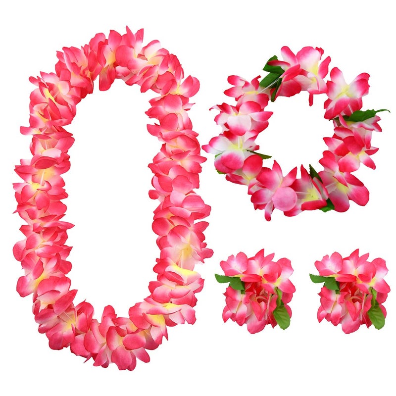 Auerllcy Hawaiian Party Flower Leis Luau Wreath Set  Necklace Headband and Bracelets Great for Beach Wedding Birthday Holiday Hawaii Theme Party Activity Decoration Red