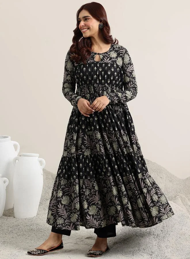 Libas Black Printed Cotton Anarkali Kurta, Trousers And Dupatta Set