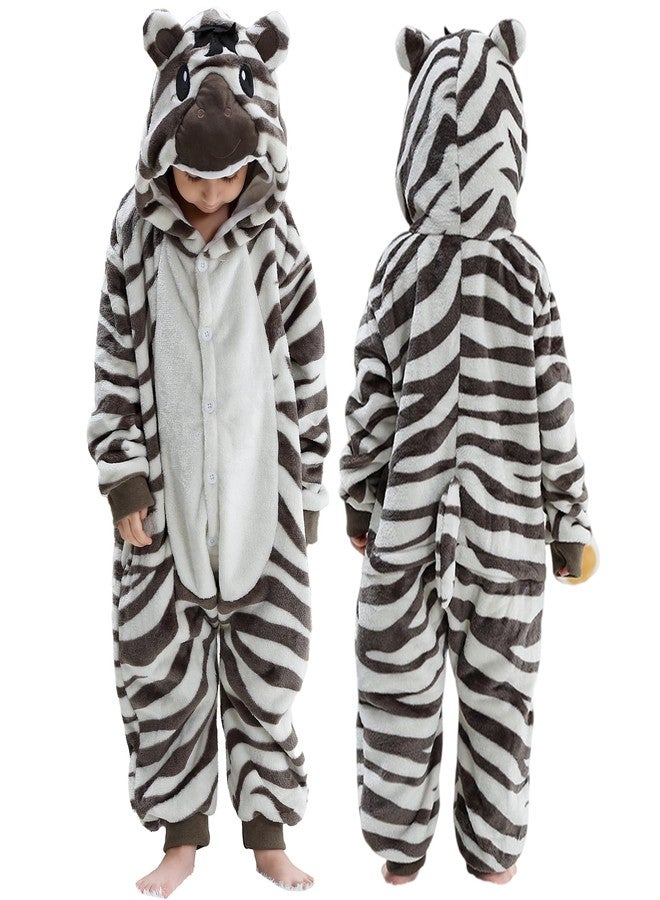 MICHLEY Animal Hooded Romper Kids Flannel Halloween Cosplay Pajamas Costume 3-12T for Autumn Winter, Zebra, 11-12T, Size140 - Image 1