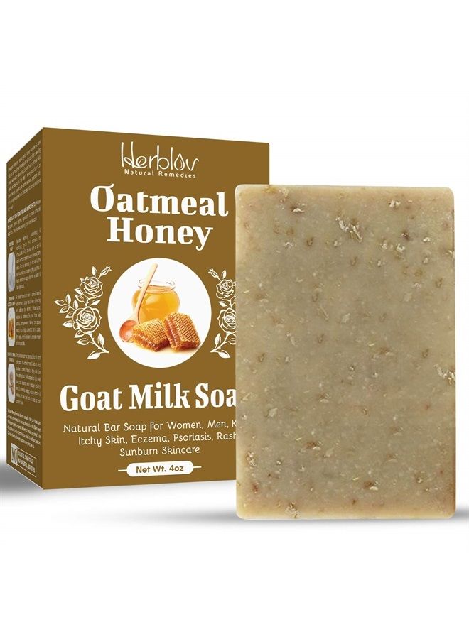 Herblov صابون حليب الماعز بالعسل والشوفان 4 أونصات – صابون طبيعي للنساء والرجال والأطفال، للبشرة المتهيجة، الإكزيما، الصدفية، الطفح الجلدي، حروق الشمس – منظف وجه مهدئ بالشوفان الغروي وغسول للجسم، مصنوع في الولايات المتحدة - Image 1