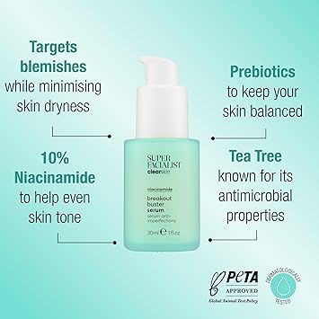 Super Facialist Breakout Buster Serum Clear Skin Solutions Spot Treatment for Acne with 10 Niacinamide Tea Tree Oil Prebiotics Vegan Friendly 30ml - Image 2