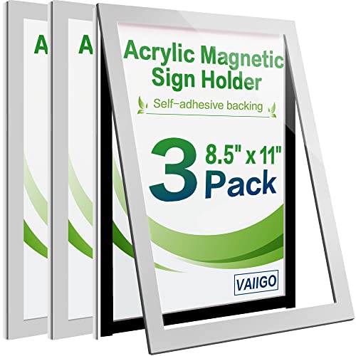 VAIIGO Acrylic Sign Holder 8.5" x 11" Wall Mount, Self Adhesive Magnetic Display Frame with Nano Tape, Plastic Clear Document Frame for Office, Store, School, Home, Wall Picture Frame (Silver, 3Pack) - Image 1