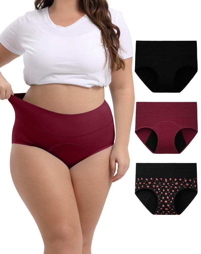 INNERSY Period Underwear for Women High Waisted Leak-Proof Postpartum Menstrual Panties 3-Pack (Rose Print, Medium) - Image 1