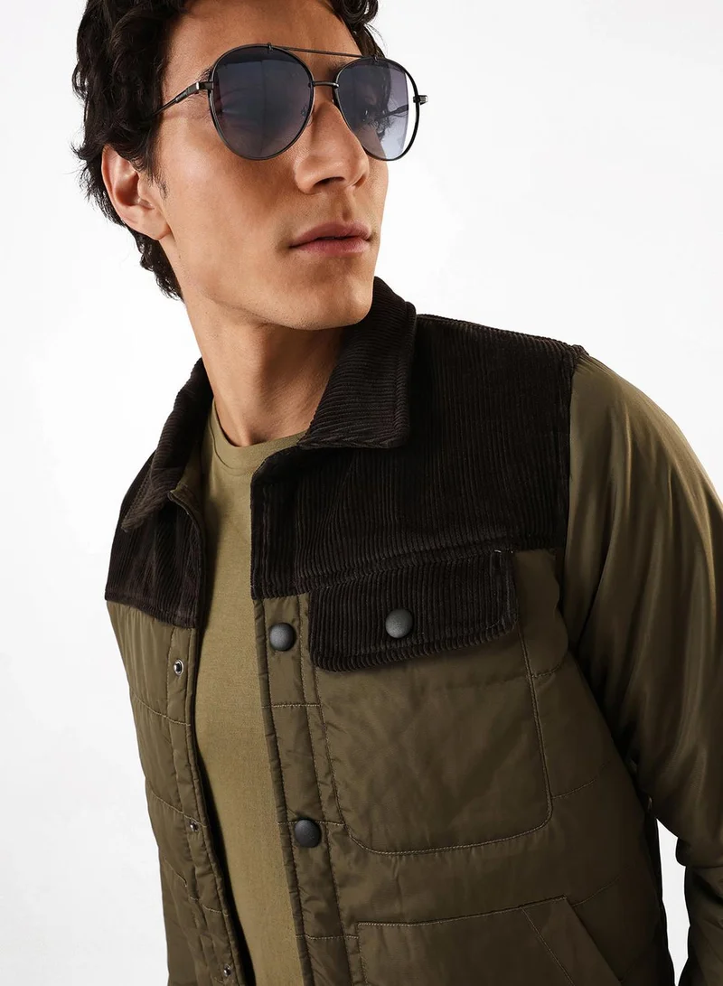 Men's Olive 100% Polyester Puffer Regular Fit Jacket