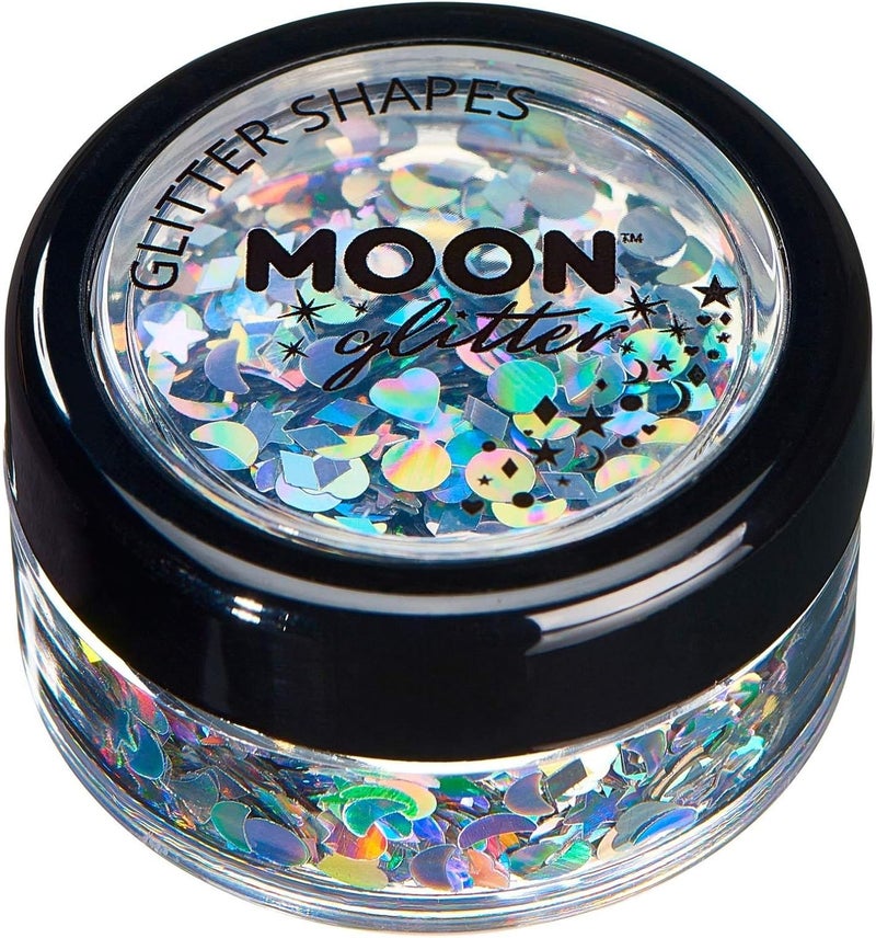 Holographic Glitter Shapes by Moon Glitter 100 Cosmetic Glitter for Face Body Nails Hair and Lips 3g Silver