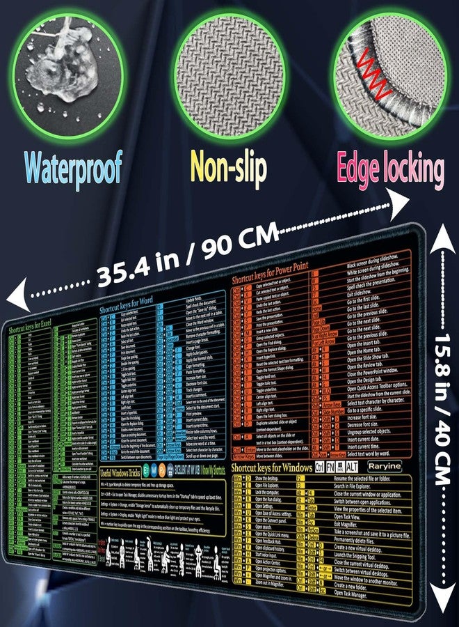 Raryine Excel/Word/Power Point/Windows Mouse pad,Non-Slip&Waterproof Large Gaming Office pc Desk mat(XXL 35.4x15.8 in),Over 200 Keyboard Shortcuts Mousepad - Image 3