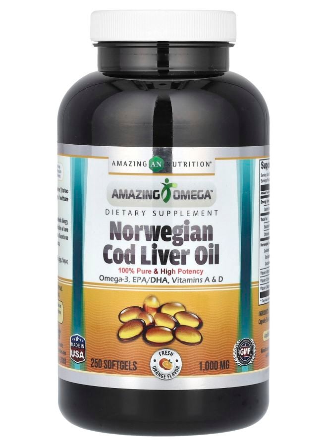 Amazing Nutrition زيت كبد سمك القد النرويجي أوميغا المذهل بنكهة البرتقال الطازج 1000 ملغ 250 كبسولة لينة