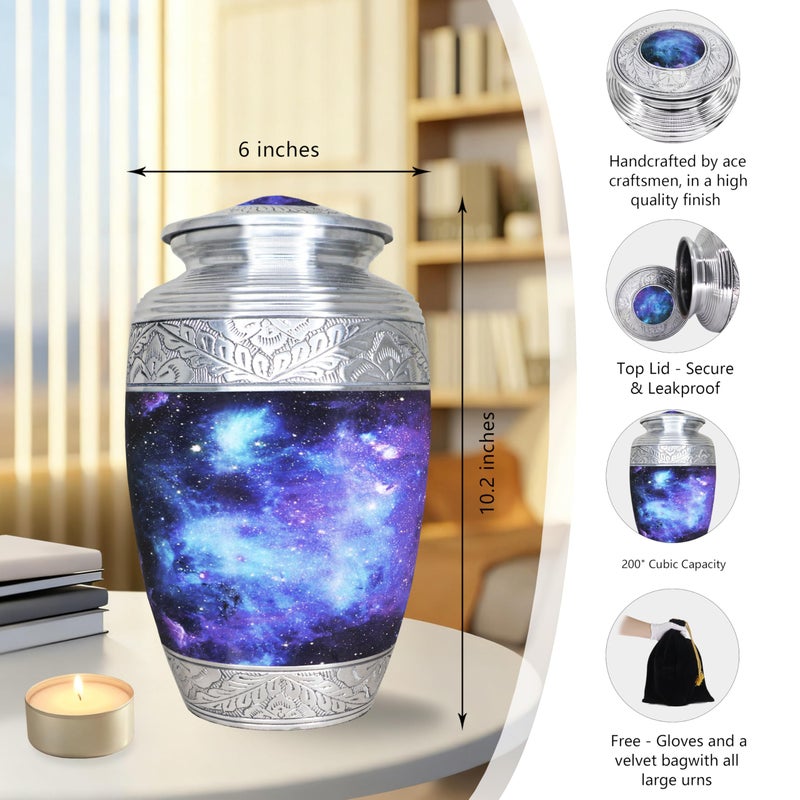 M MEILINXU Urn for Ashes Adult Male & Female, Cremation Urns for Human Ashes Adult Man & Woman, Aurora Borealis Cremation Container, Funeral Decorative Urn for Burial, Blue Cosmic Galaxy - Large - Image 2