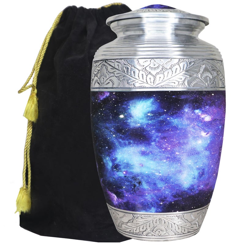 M MEILINXU Urn for Ashes Adult Male & Female, Cremation Urns for Human Ashes Adult Man & Woman, Aurora Borealis Cremation Container, Funeral Decorative Urn for Burial, Blue Cosmic Galaxy - Large - Image 1
