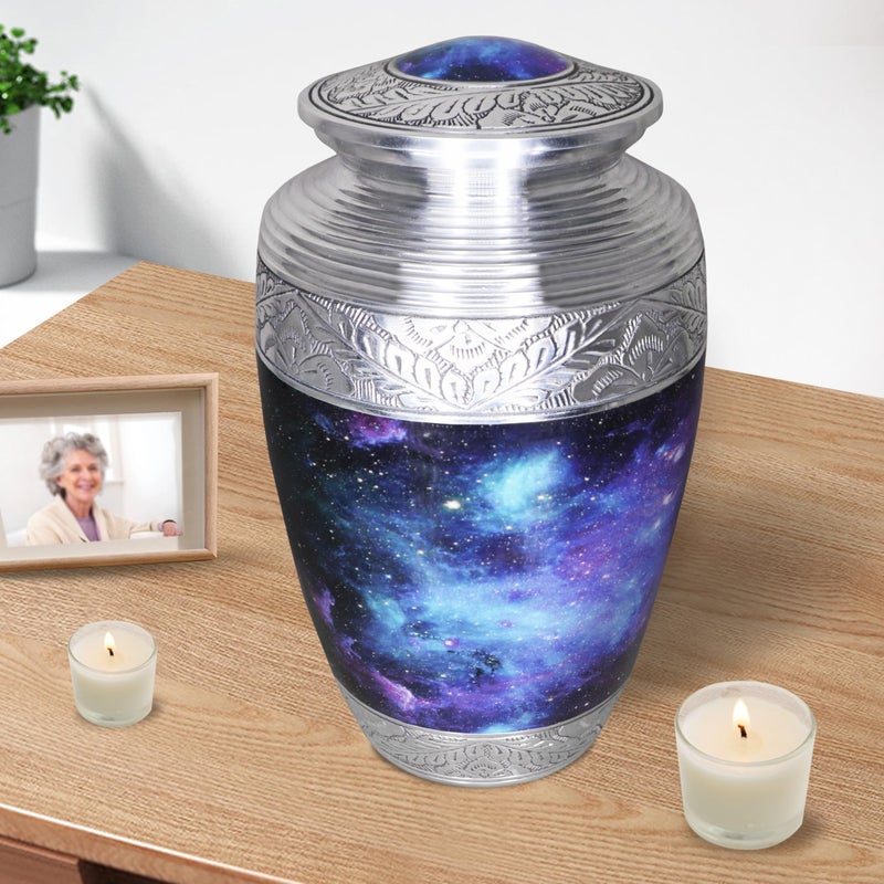 M MEILINXU Urn for Ashes Adult Male & Female, Cremation Urns for Human Ashes Adult Man & Woman, Aurora Borealis Cremation Container, Funeral Decorative Urn for Burial, Blue Cosmic Galaxy - Large - Image 5