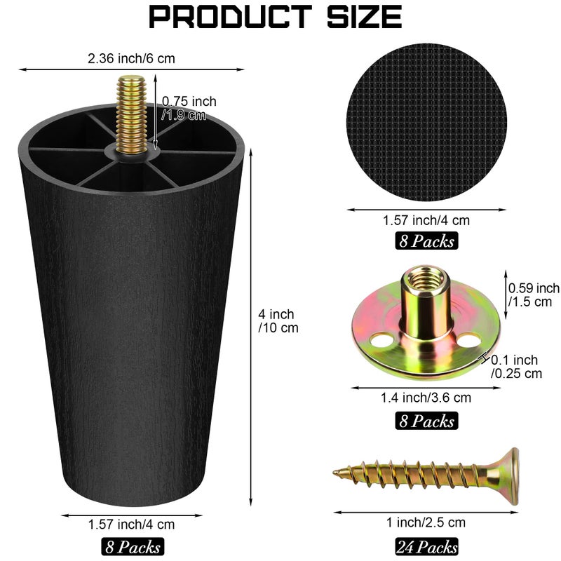 Turstin 8 Pack 4 Inch Plastic Furniture Legs With M8 T-Nuts Screws Tapered Sofa Couch And Chair Legs Replacement Furniture Legs For Diy Projects Sofas Coffee Tables Dressers Beds - Image 2