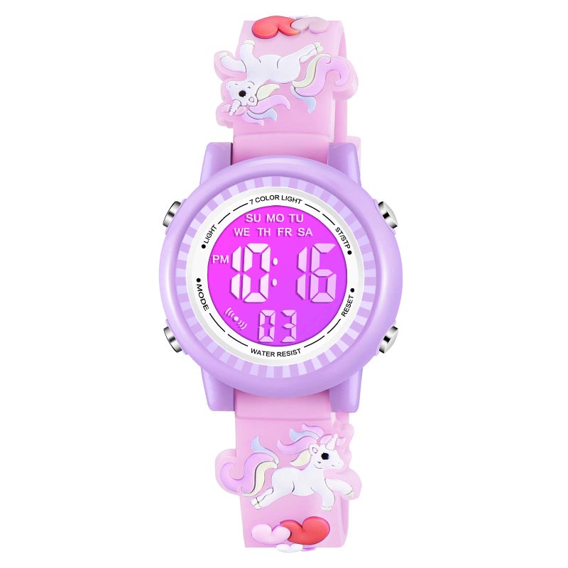 Venhoo Kids Watches 3D Cartoon Waterproof 7 Color Lights Toddler Wrist Digital Watch with Alarm Stopwatch for 3-10 Year Girls Little Child-Pink Unicorn