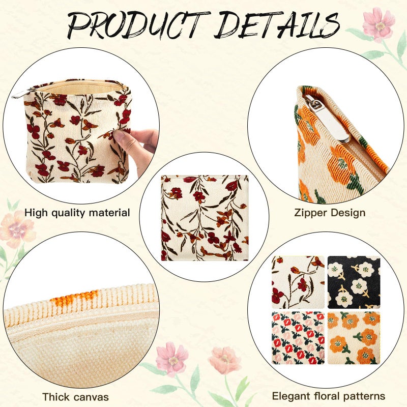 Abbylike 4 Pcs Floral Makeup Bag Corduroy Cosmetic Bag With Zipper Portable Small Pouches For Purse Toiletry Mini Pouch Cute Mini Makeup Bag For Purse Coin Essentials Items Women(Classic) - Image 4