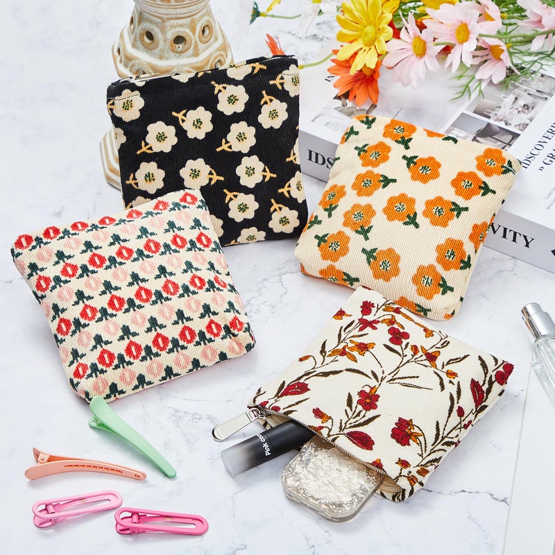 Abbylike 4 Pcs Floral Makeup Bag Corduroy Cosmetic Bag With Zipper Portable Small Pouches For Purse Toiletry Mini Pouch Cute Mini Makeup Bag For Purse Coin Essentials Items Women(Classic) - Image 3