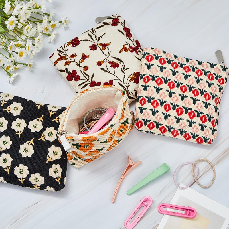 Abbylike 4 Pcs Floral Makeup Bag Corduroy Cosmetic Bag With Zipper Portable Small Pouches For Purse Toiletry Mini Pouch Cute Mini Makeup Bag For Purse Coin Essentials Items Women(Classic) - Image 5