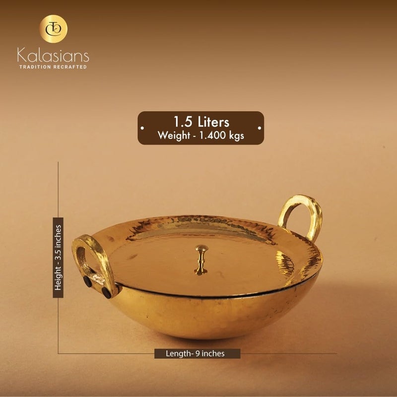 Kalasians Brass Kadhai, 1.5 Liter (9.5-Inch Diameter) | Traditional Tin-Coated Brass Cooking Pot | Non-Stick, Even Heating & Nutrient Retention | Ideal for Deep Frying, Sautéing & Slow Cooking - Image 2