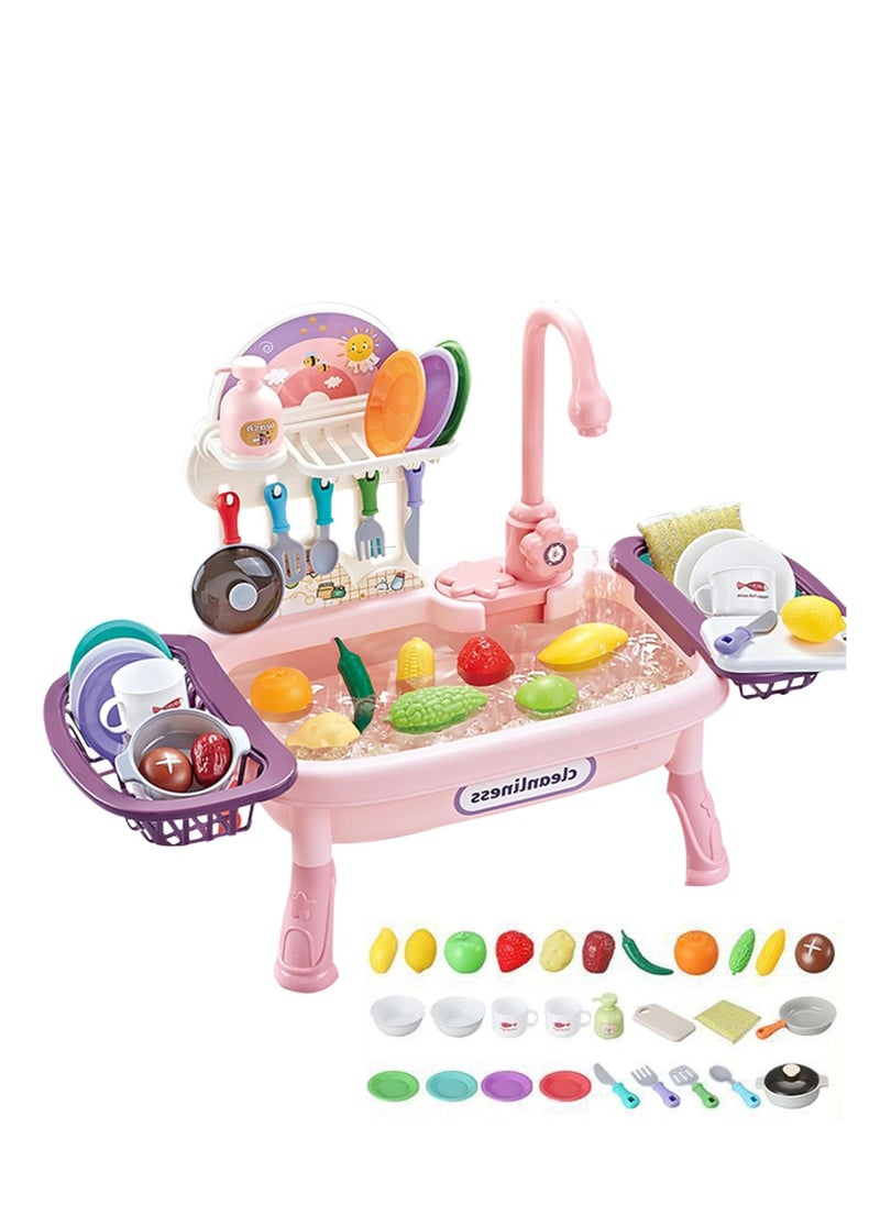 Rightsure Kids Kitchen Sink Toys with Running Water 34-Piece Set Electric Dishwasher Toy Kitchen Toys with Automatic Water Circulation System for Kids Boys Girls Toddlers (Pink)  - Image 1