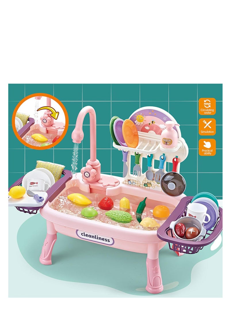 Rightsure Kids Kitchen Sink Toys with Running Water 34-Piece Set Electric Dishwasher Toy Kitchen Toys with Automatic Water Circulation System for Kids Boys Girls Toddlers (Pink)  - Image 5
