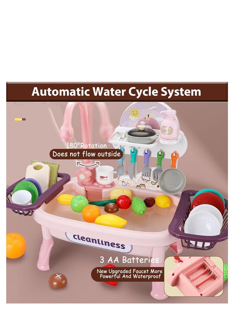 Rightsure Kids Kitchen Sink Toys with Running Water 34-Piece Set Electric Dishwasher Toy Kitchen Toys with Automatic Water Circulation System for Kids Boys Girls Toddlers (Pink)  - Image 4