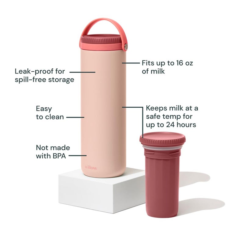 Willow - Portable Breastmilk Cooler - Keeps Breast Milk Cold for 24 Hours - Stainless Steel - Insulated - Reuseable - Breastfeeding Essentials - Storage Container w/Gel Ice Pack - Pink - 16oz - Image 2