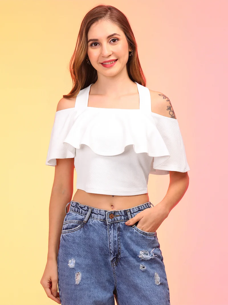 Women White Off Shoulder Bardot Crop Top