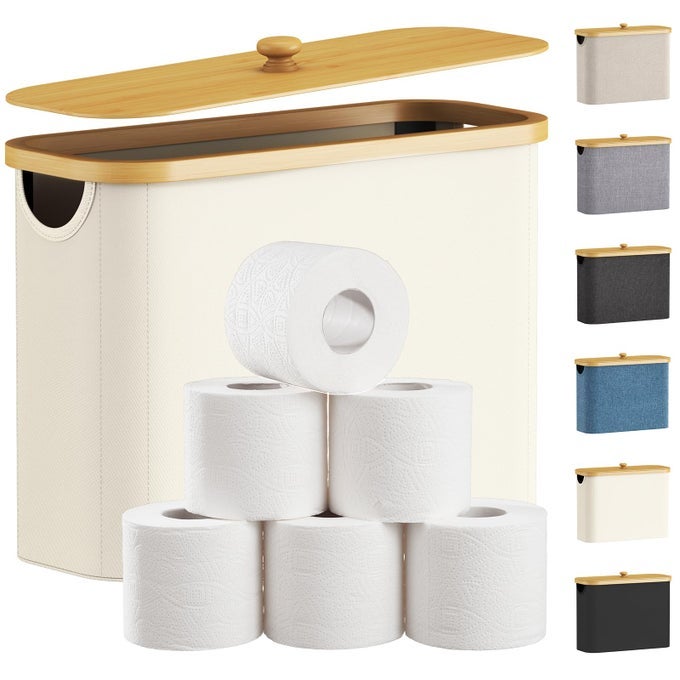 23L TOILET ROLL STORAGE BATHROOM STORAGE BOX HOLDER STAND WITH LID BAMBOO MULTIFUNCTIONAL TOILET PAPER BASKET CABINET WITH HANDLE WHITE