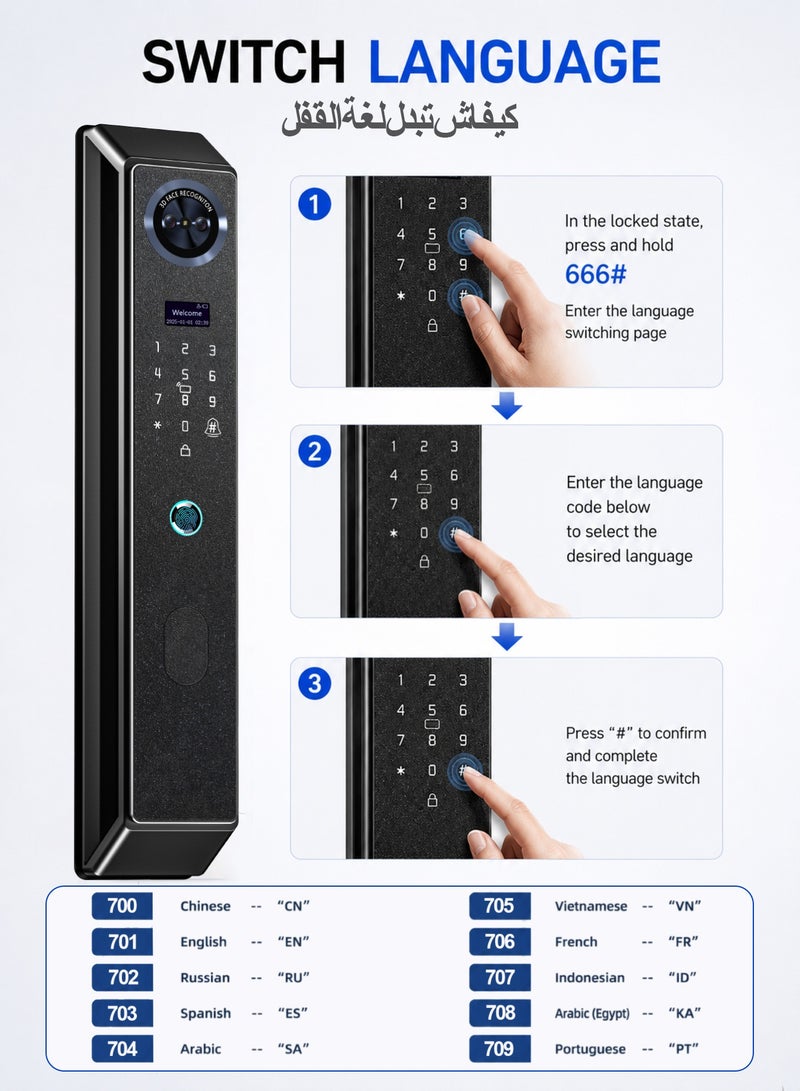 A-Link Smart Door Lock Advanced Smart Home Security Center: Featuring Face Recognition, Palm-Vein Access, Visual Doorbell with Night Vision, and Long-Lasting 5000mAh Battery. Includes 7 NFC Keycards. - Image 2