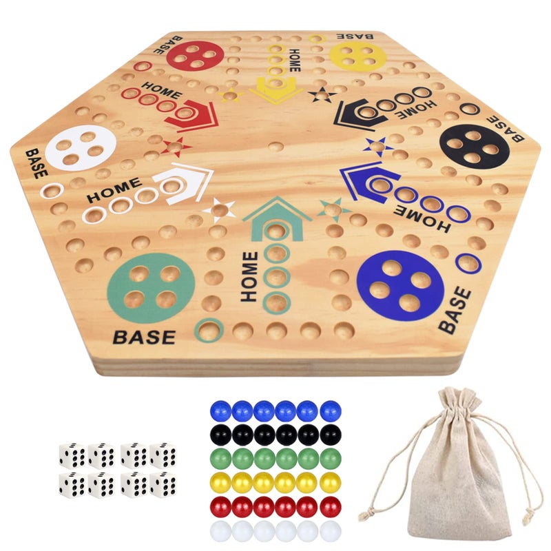MUCITAGF 20 Wooden Wahoo Board Game DoubleSided for 4 or 6 Players Fast Track Board Game Original Marble Game Set with 36 Marbles 8 Dice for Family Night Parties and Adult Gifting - Image 2