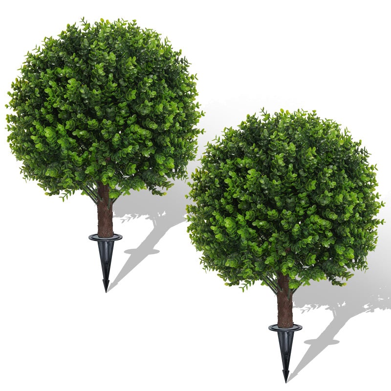 AOKIIE Set of 2 Artificial Green Boxwood Topiary Ball Tree for Outdoor with Ground Spike, 22" UV Resistant Faux Greenery Shrubs, Fake Plants for Garden Yard Porch Patio(Green/Red/Pink/Purple/Rose) - Image 1