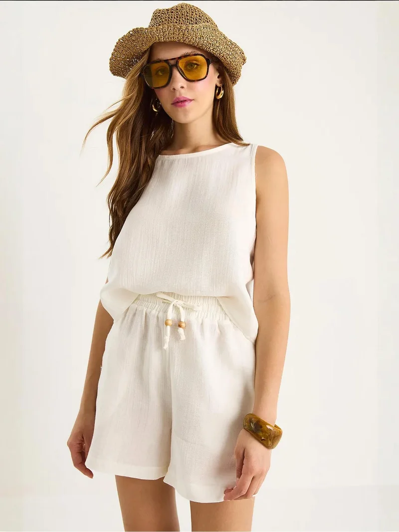 Bianco Lucci White LUCCI Textured Cotton Two-Piece Coord Set with Crew Neck for Women | Best Price UAE