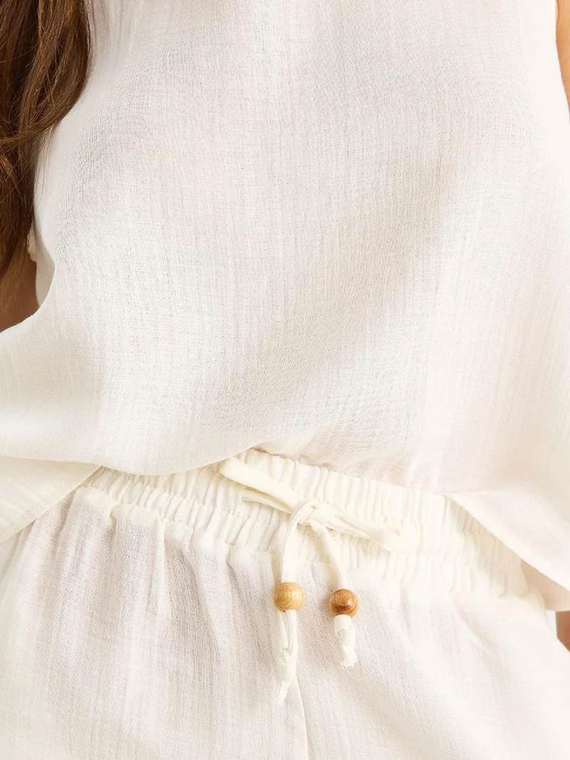 Bianco Lucci White LUCCI Textured Cotton Two-Piece Coord Set with Crew Neck for Women | Best Price UAE
